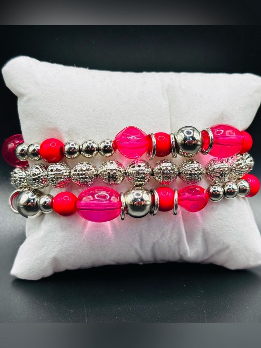 Hot Pink Beaded Stretch Bracelet Set/matching earrings